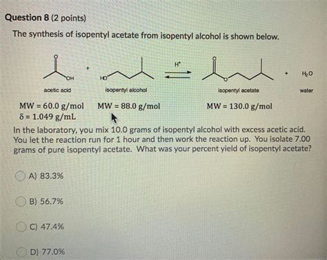 Solved Question 8 (2 points) The synthesis of isopentyl | Chegg.com