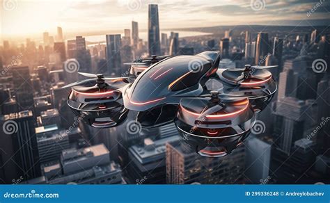 Flying Car Hybrid Drone Against the Backdrop of a Modern City in the Future. Stock Photo - Image ...