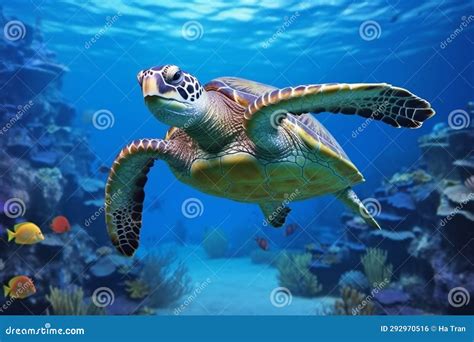 Green Sea Turtle Swimming In Blue Ocean Water Green Sea Turtle In