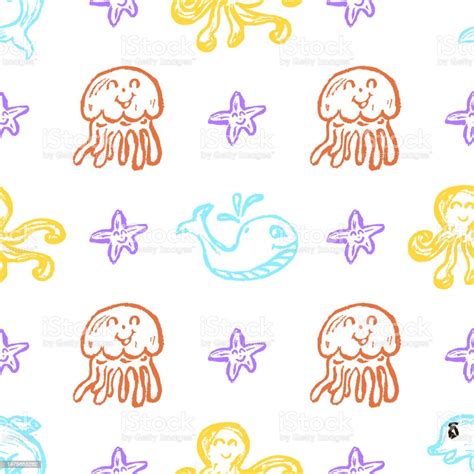 Seamless Pattern Childrens Drawings With Wax Crayons Stock Illustration