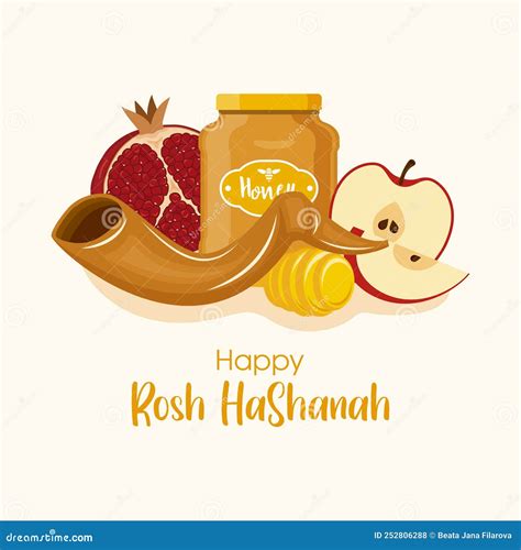 Happy Rosh Hashanah Poster With Shofar Fruit And Honey Vector Stock