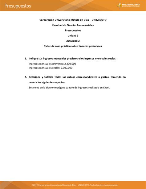 Presupuestos Actividad Corporaci N Universitaria Minuto De Dios