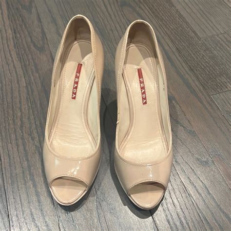 Prada Shoes Prada Nude Patent Leather Peep Toe Cork Wedges Size