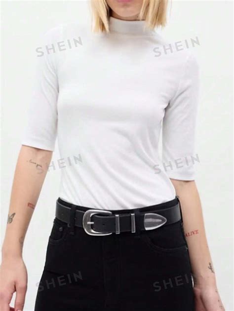 Shein Essnce Camiseta Informal De Manga Media De Cuello Alto Y