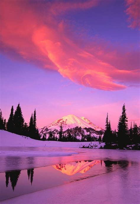 Purples, reds, and whites - the colorful beauty of a snowy mountain ...