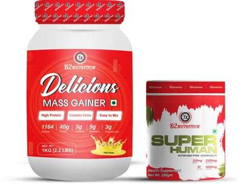 B2 Nutrition Delicious Mass Gainer 1 Kg And Pre Workout Fruit Punch Combo Pack Weight Gainers