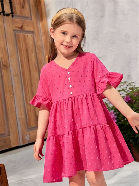 Hot Pink Cute Collar Half Sleeve Woven Fabric Plain Smock Embellished