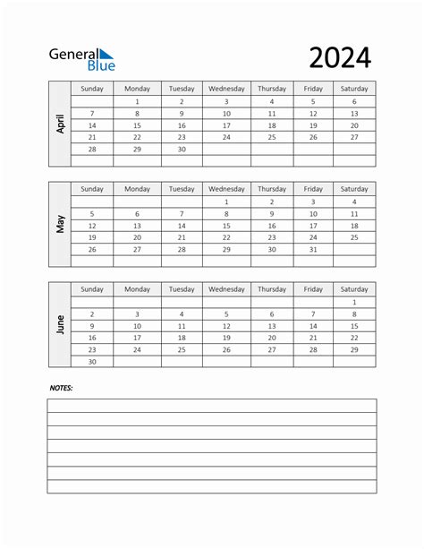 Q2 2024 Calendar Template With Notes In Pdf Word And Excel