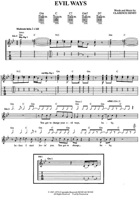 Evil Ways" Sheet Music by Santana for Guitar Tab/Vocal - Sheet Music Now