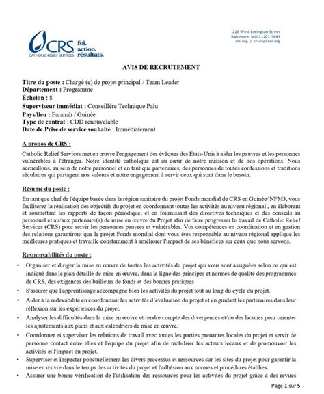 Crs Avis De Recrutement D Un E Jd Charg E De Projet Principal