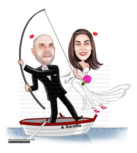 Caricatura Casal Barco Casamento Pescando Pescador Noiva