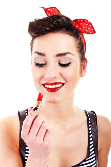 Beautiful Woman Applying Pink Lipstick On Lips Stock Photo Image Of