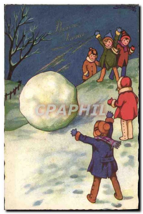 Carte Postale Ancienne Fantaisie Illustrateur Enfants Boule De Neige