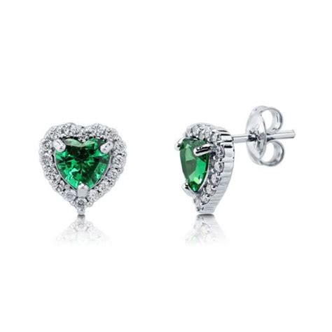 BERRICLE Sterling Silver Heart Shaped Simulated Emerald CZ Halo Stud