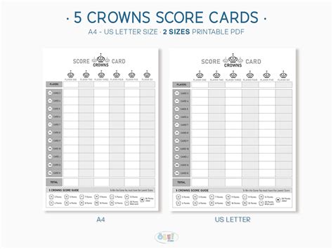 5 Crowns Scorecard Crowns Scoresheet Printable PDF Card Game A4, US ...