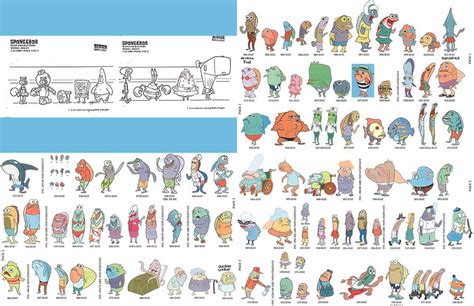 The model sheets for the main characters and the background fish ...