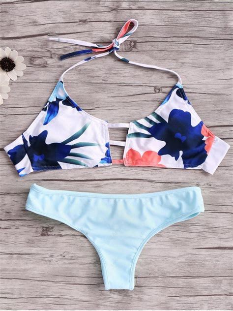 17 OFF 2021 Print Cut Out Halter Bikini Set In BLUE ZAFUL