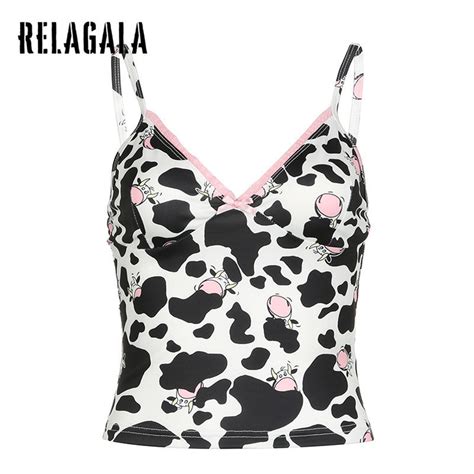 Relagala Women S 2024 New Fashionable Sexy Contrasting Lace Bow V Neck Cow Print Sling Crop Top