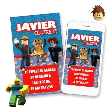 Invitación Digital Roblox Personalizada Azul Rojo Tarjeta