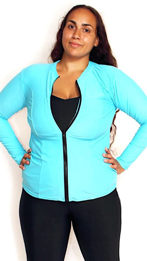 Plus Size Zip Up Rash Guard Blue Oceanroadswimwear