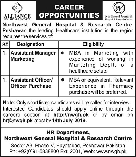 Northwest General Hospital Research Centre Peshawar Jobs 2019 For