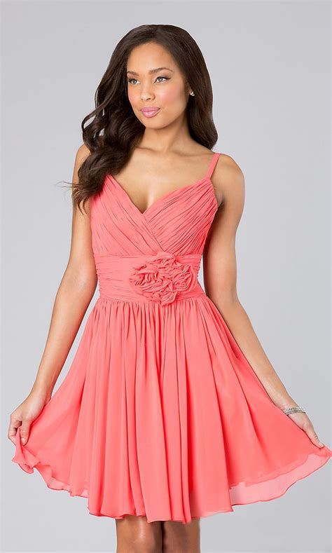 Chiffon Coral Summer Dress Ruched Top Flower Waist Spaghetti Strap 4 C