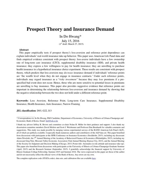 Pdf Prospect Theory And Insurance Demand