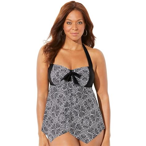 Swimsuits For All Womens Plus Size Bow Handkerchief Halter Tankini Top 8 Black White