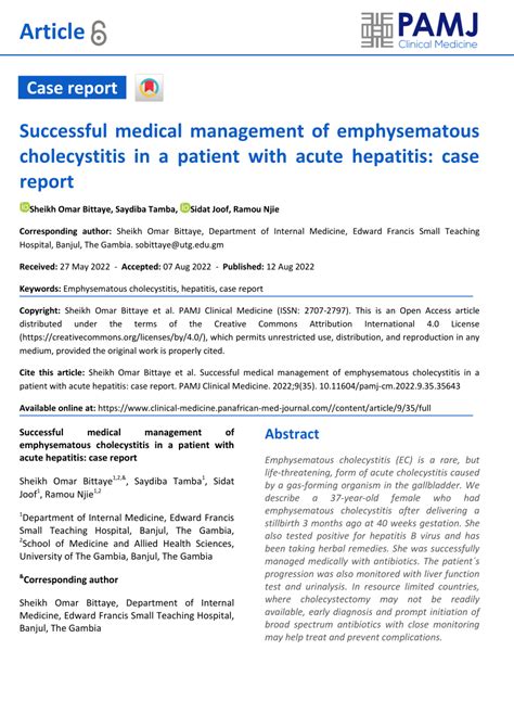 PDF Successful Medical Management Of Emphysematous Cholecystitis In A