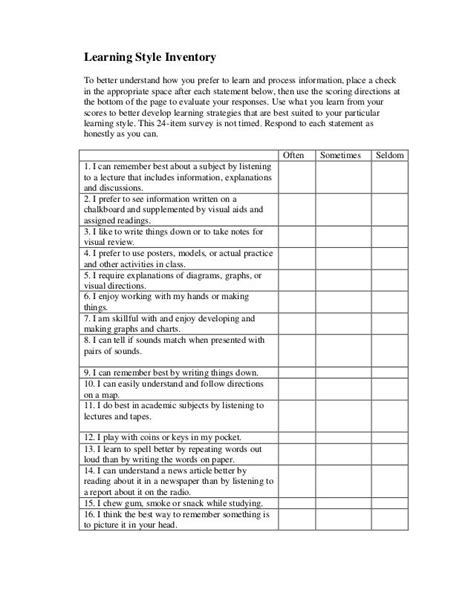 Printable Learning Styles Inventory