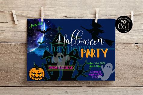 Editable Digital Halloween Party Invitation Ghosts Haunted House Witch Template Printable Corjl