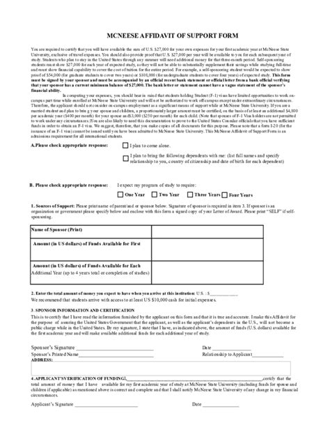 Fillable Online Mcneese Affidavit Of Support Form Mcneese State