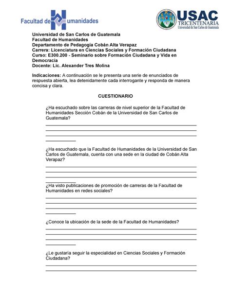 Universidad De San Carlos De Guatemala Cuestionario Universidad De