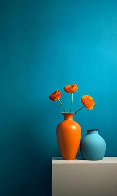 Premium AI Image A Blue Vase With Orange Flowers Is Next To A Blue Vase