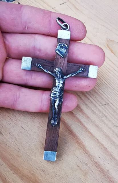 ANCIENNE GRANDE CROIX Pectorale En Bois Et Argent Massif 1913 Crucifix