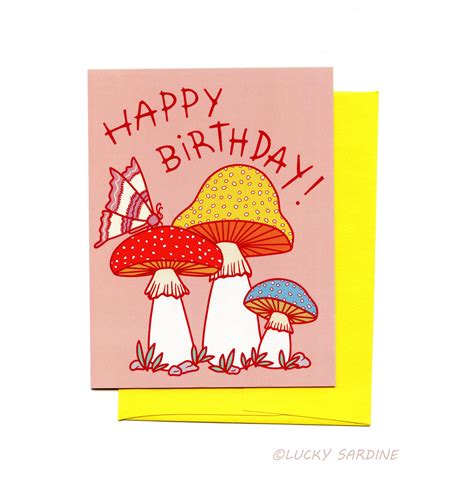 A Happy Birthday Card With Mushrooms On It