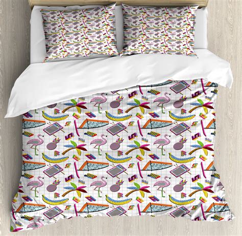 Flamingo Duvet Cover Set Queen Size Retro Vintage 80s Memphis Style