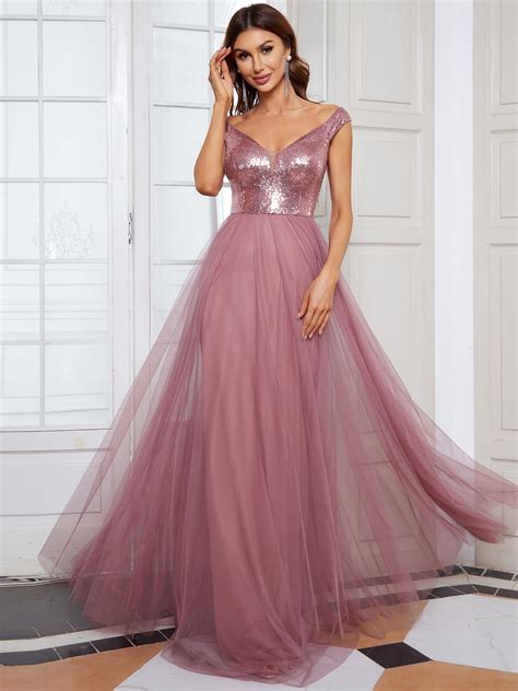 A Line Sequin Off The Shoulder Maxi Tulle Formal Evening Dress Off