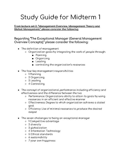 Study Guide for Midterm 1 MGMT 3001 0tudå Guide foμ Midteμ ʎ Fro