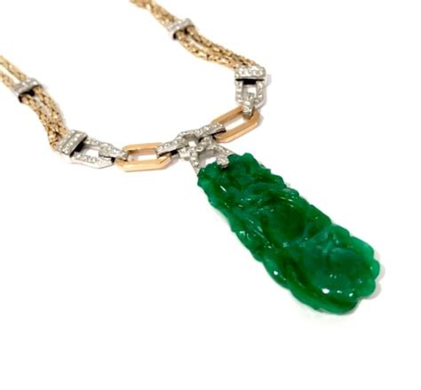 Carved Jade Diamond Necklace 18k Yellow Gold Double B… Gem