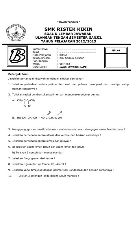 Soal Kimia Kelas Xii Pdf