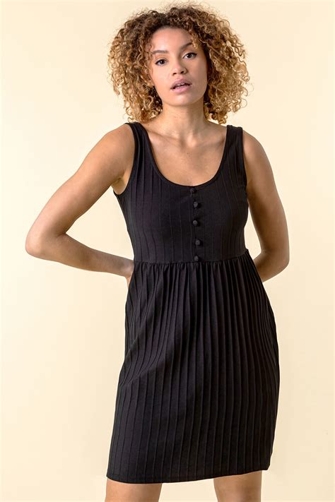 Ribbed Button Detail Sun Dress In Black Roman Originals Uk