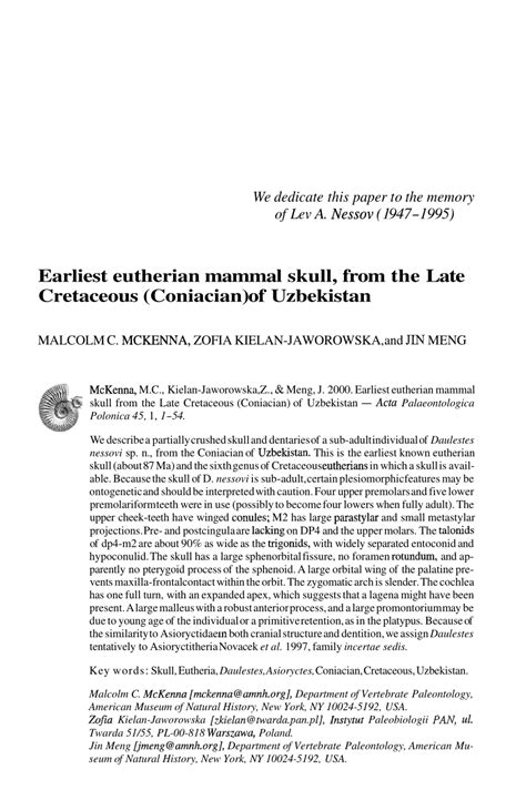 (PDF) Earliest eutherian mammal skull, from the Late Cretaceous ...