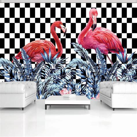 Fotobehang Vlies Behang Roze Flamingo S Op Zwart Wit Achtergrond