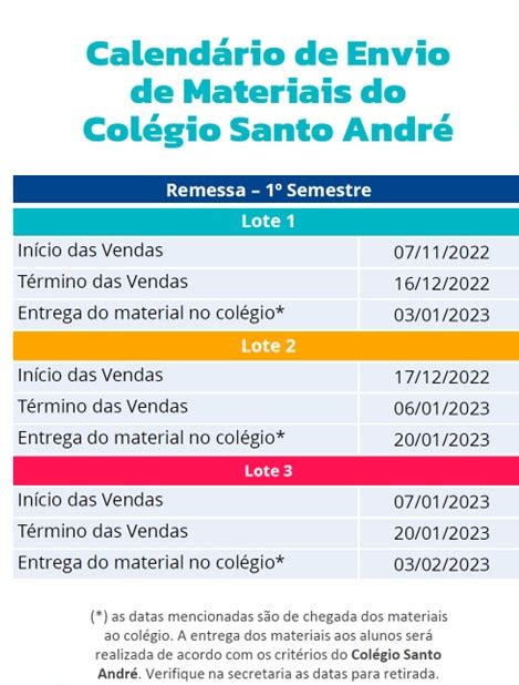 CALENDARIO ENTREGA Colégio Santo André Jaboticabal