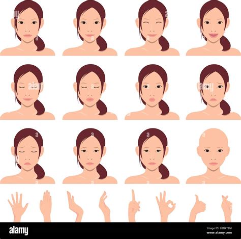 Young Asian Lady Face Vector Illustration Set Emotional Face Pattern