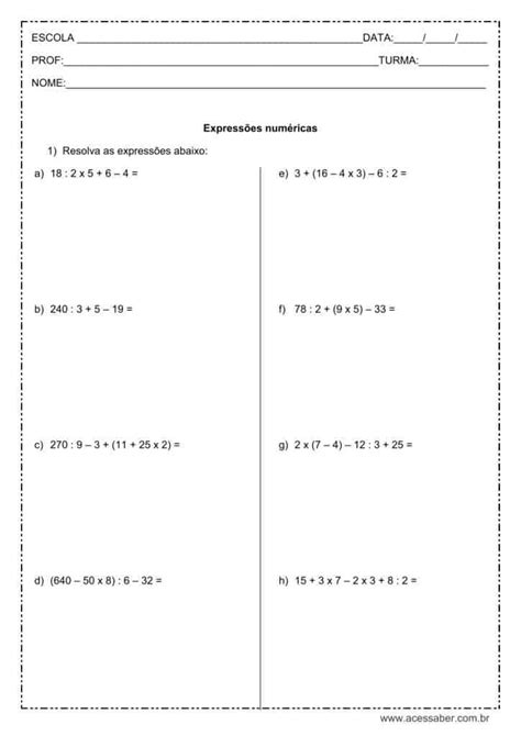 Expressão Numerica 5 Ano Atividades Educa