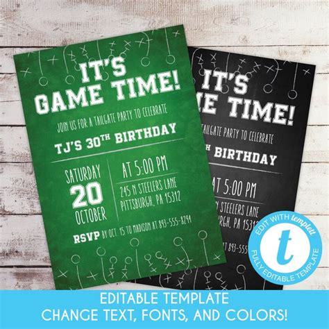 Editable Chalkboard Football Party Invitation Football Birthday