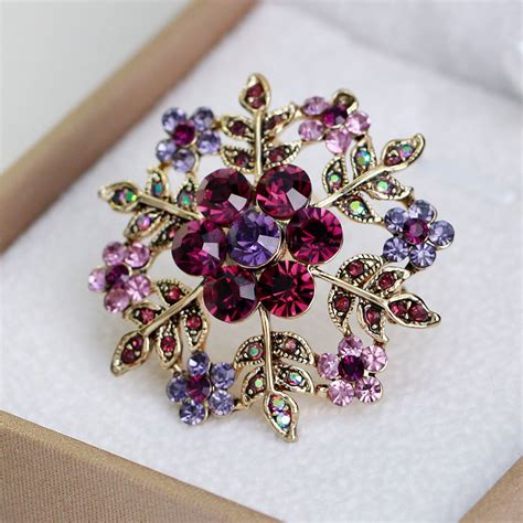 Delicate Snowflake Flower Brooch Pin Purple Crystal Rhinestone Wedding