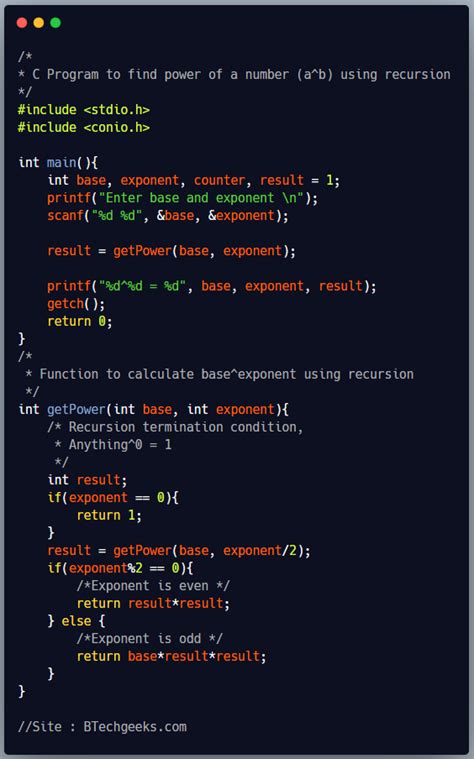 C Program To Find Power Of A Number Using Recursion Btech Geeks